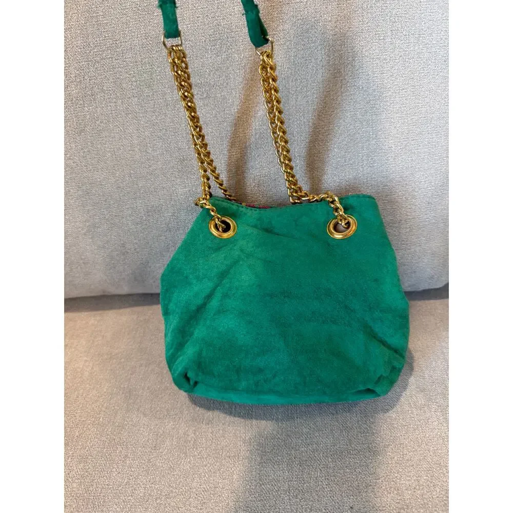 Nine West Crossbody Bag‎ Women Green Suede Drawstring Chain Strap Gold Hardware